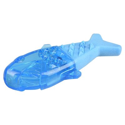 Giocattolo a forma di pesce blu in plastica e schiuma con superfici strutturate.