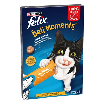 Purina Felix Deli Moments Liquid Snacks met kip, caloriearm, zonder toegevoegde suikers, 100% lekker, 4x10g verpakking.