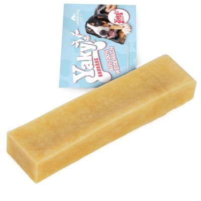 Yaky formaggio da masticare al 100% latte di pascolo. Confezione mostra cane con formaggio da masticare.