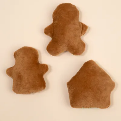 Three brown plush toys in different shapes: two figures and a house. Suitable for pets to play or cuddle.