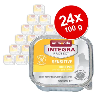 animonda Integra Protect Sensitive Huhn Pur, 24 x 100 g. Widoczny napis: Getreidefrei, Grain Free, Harn-pH 6,5–6,8, Urinary pH 6,5–6,8, Veterinary Diet.