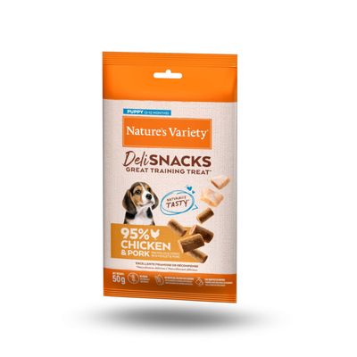 Nature's Variety Deli Snacks dla szczeniąt (2-12 miesięcy), 95% kurczaka i wieprzowiny, idealne do treningu, 50g.
