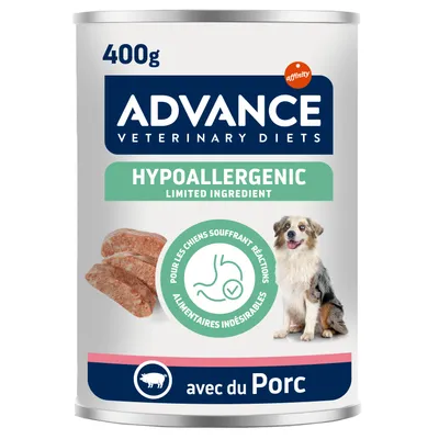 Advance Veterinary Diets Hypoallergenic Limited Ingredient, 400 g, avec du porc. Pour les chiens souffrant réactions alimentaires indésirables. Image de pâtée et d’un chien. Advance Veterinary Diets Hypoallergenic Limited Ingredient, 400 g, avec du porc. Pour les chiens souffrant réactions alimentaires indésirables. Image de pâtée et d’un chien.