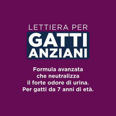 Lettiera per gatti anziani. Formula avanzata che neutralizza il forte odore di urina. Per gatti da 7 anni di età.