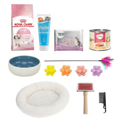 Royal Canin Kitten Trockenfutter, Feringa Nassfutter, Concept for Life Kitten Portionsbeutel, Smilla Paste, Katzenbett, Spielzeug und Futterschale mit Rabatt-Symbol.