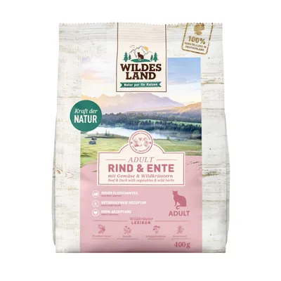 Wildes Land Adult Rind & Ente mit Gemüse und Wildkräutern, hoher Fleischanteil, getreidefreie Rezeptur, hohe Akzeptanz, 100% hergestellt in Deutschland, 400g.