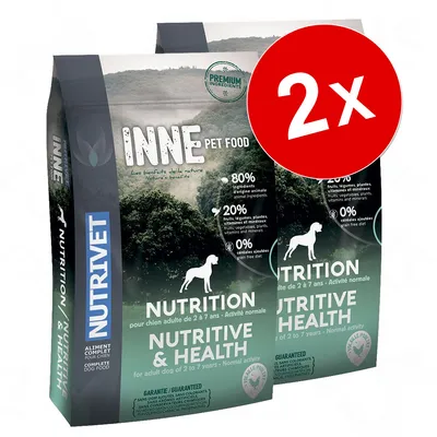 Lot de 2 sacs Nutrivet INNE Pet Food Nutrition pour chien adulte 2 à 7 ans, activité normale. 80 % ingrédients d’origine animale, 20 % fruits/légumes, 0 % céréales ajoutées.