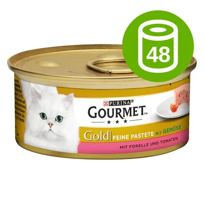 Purina Gourmet Gold Feine Pastete mit Gemüse, mit forelle und tomaten, puszka z białym kotem na etykiecie; zielona ikona 48 sztuk