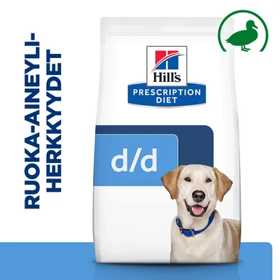 Hill's Prescription Diet d/d -koiranruokapakkaus, teksti: RUOKA-AINEYLIHERKKYYDET, vihreä ankkasymboli yläkulmassa