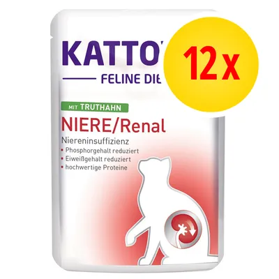 Kattovit Feline Diet NIERE/Renal mit Truthahn, 12x. Niereninsuffizienz: fosforo e proteine ridotti, proteine di alta qualità. Immagine sagoma gatto con simbolo rene.