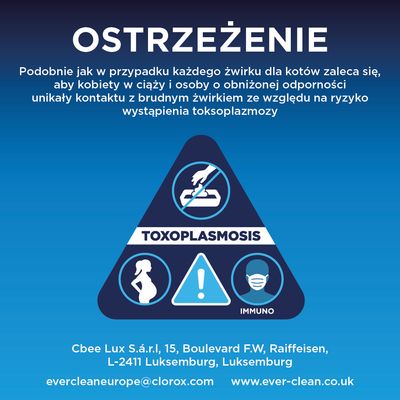 Ostrzeżenie: Kobiety w ciąży oraz osoby z obniżoną odpornością powinny unikać kontaktu z zanieczyszczonym żwirkiem dla kotów ze względu na ryzyko toksoplazmozy. Dane producenta i kontaktowe znajdują się poniżej.