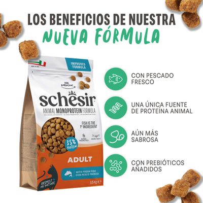 Schesir Animal Monoprotein Formula Adulto con pescado fresco, 35% de proteína. Ventajas: pescado fresco, única fuente de proteína, más sabor, prebióticos añadidos.
