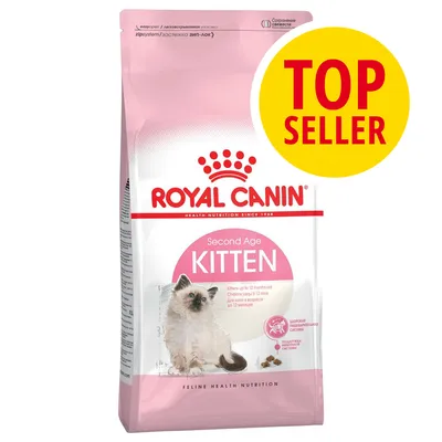 Royal Canin Second Age Kitten, alimento per gattini fino a 12 mesi. Etichetta gialla con testo: TOP SELLER.