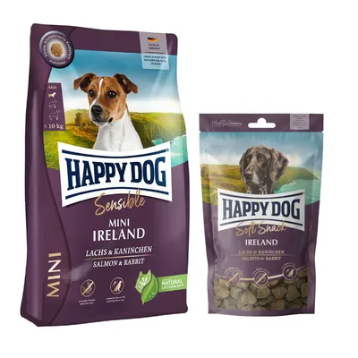 Happy Dog Kombi-Paket: 2 x 4 kg Sensible mini Trockenfutter + 4 x 100 g Soft Snack -  2 x 4 kg Ireland + 4 x 100 g Ireland