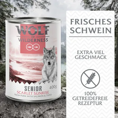 Wolf of Wilderness Senior Scarlet Sunrise, frisches Schwein mit Lachs und Thunfisch, 400g. Extra viel Geschmack, 100% getreidefreie Rezeptur.