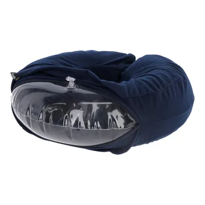 Collerette gonflable en plastique transparent avec housse textile bleue, fermeture éclair ouverte montrant la valve d’air visible sur le côté.