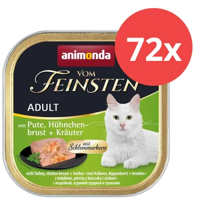 Animonda Vom Feinsten Adult, mit Pute, Hühnchenbrust und Kräutern, mit Schlemmerkern. Packung zeigt weißen Katze. Menge: 72x.