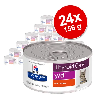 Hill's Prescription Diet Thyroid Care y/d med kyckling, kattmat, förpackning med 24 burkar à 156 g.