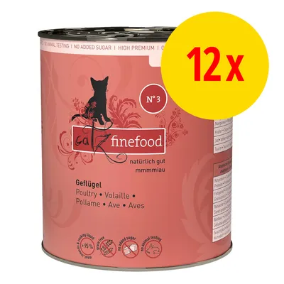 Catz finefood No. 3 Geflügel, konzerva pro kočky, 12×. Text: natürlich gut mmmmiau, bez přidaného cukru, grain free, no animal testing, >95 % masa. Catz finefood No. 3 Geflügel, konzerva pro kočky, 12×. Text: natürlich gut mmmmiau, bez přidaného cukru, grain free, no animal testing, >95 % masa.