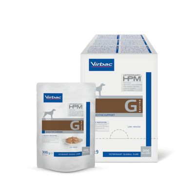 Virbac Veterinary HPM Gastro Digestive Support for dogs, 300g pouch and packaging. Loaf/mousse recipe, suitable for digestive support.