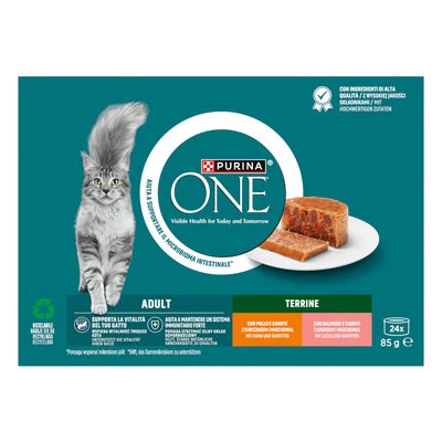Purina ONE Adult terrin med kyckling och morötter, stödjer katters vitalitet och immunsystem. Återvinningsbar förpackning, 24x85g.