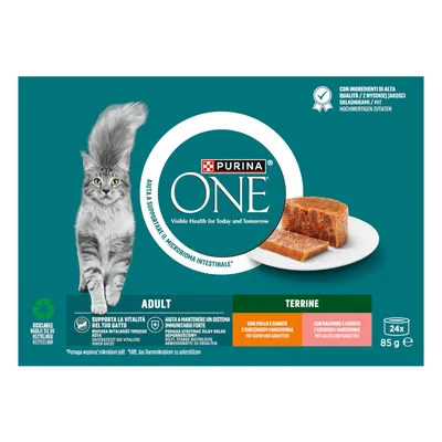 Purina ONE Adult terrin med kyckling och morötter, stödjer katters vitalitet och immunsystem. Återvinningsbar förpackning, 24x85g.