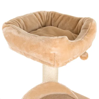 Tiragraffi beige con superficie imbottita e colonna in sisal, adatto per gatti.