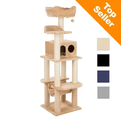 Multi-level beige cat tree with scratching posts, hammock, two platforms, a round bed on top, and a cubed hideaway. Four colour options shown: beige, black, blue, grey. Top Seller badge.