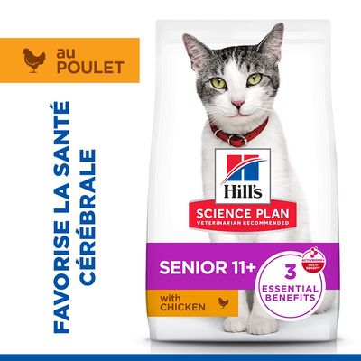 Hill's Science Plan Senior 11+ au poulet, 3 bénéfices essentiels, favorise la santé cérébrale. Au poulet. Recommandé par les vétérinaires.