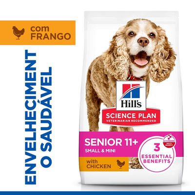 Hill's Science Plan Senior 11+ Small & Mini até 10 kg com frango. Apoia imunidade, articulações e órgãos em cães pequenos idosos. Sem conservantes, corantes ou aromas artificiais.