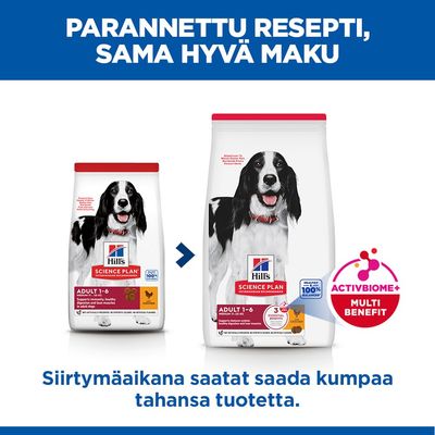 Hill's Science Plan Adult 1-6 Medium 11-25 kg kanaa. Tukee immuunijärjestelmää, tervettä ruoansulatusta ja lihasten kehitystä aikuisilla koirilla. Ei keinotekoisia säilöntäaineita, värejä tai aromeja.