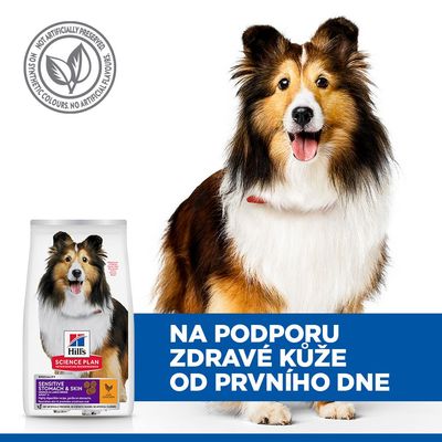 Hill's Science Plan Sensitive Stomach & Skin Adult+ s kuracím mäsom. Podporuje zdravie trávenia a krásnu srsť. Bez umelých konzervačných látok, farbív a aróm.