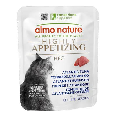 Almo Nature HFC atlanti tonhal, eredetileg emberi fogyasztásra alkalmas összetevők, most macskaeledel. Minden életszakaszra. Fondazione Capellino logó látható.