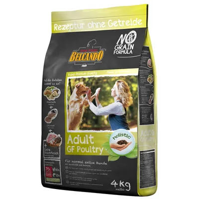 Confezione Belcando Dog Food Adult GF Poultry 4 kg, ricetta senza cereali, formula No Grain, holistic, con immagine di cane e persona, testo in tedesco e inglese visibile. Confezione Belcando Dog Food Adult GF Poultry 4 kg, ricetta senza cereali, formula No Grain, holistic, con immagine di cane e persona, testo in tedesco e inglese visibile.