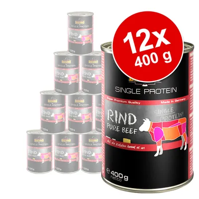 Lot de 12 boîtes Belcando Single Protein Rind Pure Beef, 400 g chacune. Texte visible : Made in Germany, Super Premium Quality, SINGLE PROTEIN, e 400 g netto.