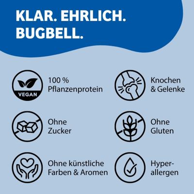 Klar. Ehrlich. Bugbell. 100% Pflanzenprotein, vegan, Knochen & Gelenke, ohne Zucker, ohne Gluten, ohne künstliche Farben & Aromen, hypoallergen.