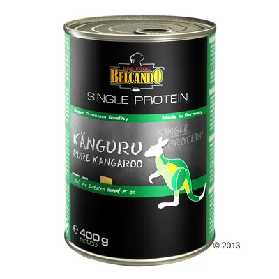 Lata de comida para perros Belcando Single Protein, Känguru Pure Kangaroo, 400 g. Texto visible: Super Premium Quality, Made in Germany, Single Protein.