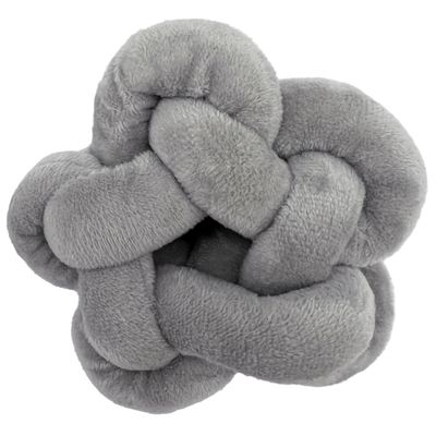 Grijs, zacht knoopspeelgoed van pluchemateriaal.