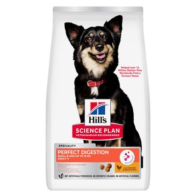 Sac de croquettes Hill's Science Plan Perfect Digestion pour chien adulte petite race jusqu'à 10 kg, au poulet et riz brun. Texte en anglais sur l'emballage.
