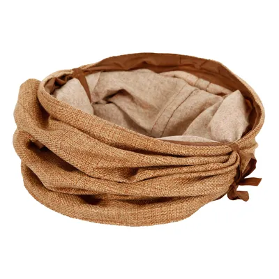 Brauner Stoffkorb mit geflochtenem Design und seitlichen Schleifen, geeignet zur Aufbewahrung oder Dekoration. Brauner Stoffkorb mit geflochtenem Design und seitlichen Schleifen, geeignet zur Aufbewahrung oder Dekoration.