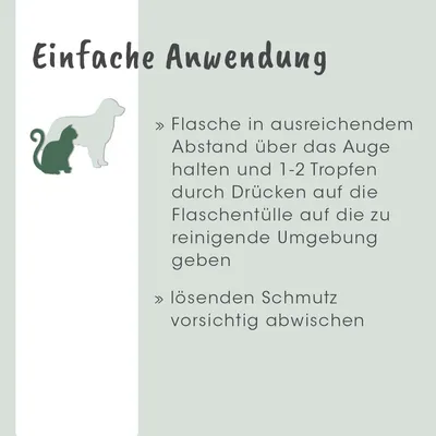 Anleitung zur Anwendung: Flasche über das Auge halten, 1-2 Tropfen auf die Umgebung geben und Schmutz vorsichtig abwischen. Geeignet für einfache Reinigung.