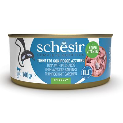 Schesir Complete Nutrition filet z tuńczyka w galarecie, 6x140g dla dorosłych kotów. 100% naturalne filety z dodatkiem witamin.