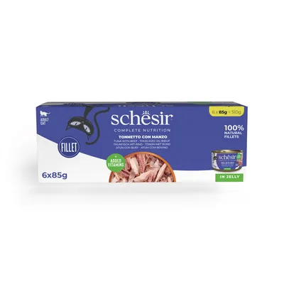 Schesir Complete Nutrition thon avec bœuf pour chat adulte, 6 x 85 g, filets naturels à 100 %, vitamines ajoutées, en gelée. Texte en anglais et italien visible sur l’emballage.