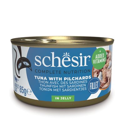 Schesir Complete Nutrition atum com vaca, 6x85g, 100% filetes naturais em geleia, com vitaminas adicionadas. Para gatos adultos.