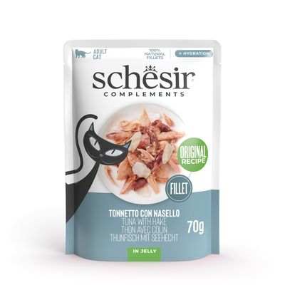 Schesir Complements para gatos adultos, receita original com peito de frango em geleia. Embalagem: 6x70g, total 420g. Filetes 100% naturais, +hidratação.