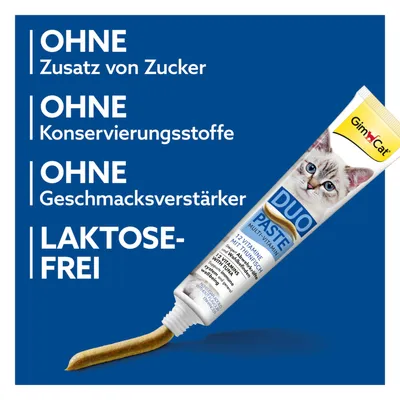 GimCat Duo Paste Multivitamin. Ohne Zuckerzusatz, ohne Konservierungsstoffe, ohne Geschmacksverstärker, laktosefrei. Tube mit geöffneter Spitze und brauner Paste sichtbar.
