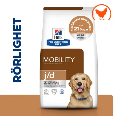 Hill's Prescription Diet Mobility j/d, förbättrar rörligheten på 21 dagar, kliniskt bevisat, med kyckling, rekommenderas av veterinärer.