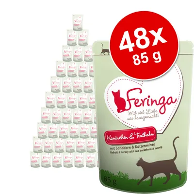 Feringa Kaninchen & Truthahn kissan märkäruoka, 48 x 85 g annospussia. Pakkauksessa näkyy teksti: Rabbit & turkey with sea buckthorn & catnip.