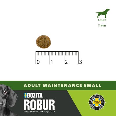 Bozita Robur Adult Maintenance Small, Krokettengrösse 11 mm, Made in Sweden, für erwachsene Hunde. Massstab zeigt Grösse der Kroketten.