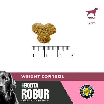 Bozita Robur Weight Control för vuxna hundar. Krokettstorlek: 19 mm. Tillverkad i Sverige med hållbara ingredienser.